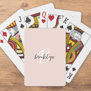 Trendy Blush Pink Grey Script Monogram Playing Cards