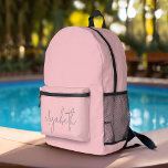 Trendy blush pink - modern script grey name printed backpack<br><div class="desc">A minimal design with a blush pink background with a name in a handwritten,  calligraphy font.</div>