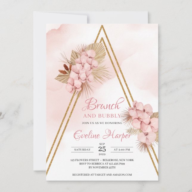 Trendy Blush Pink Orchid Dried Palm Brunch  Invitation (Front)