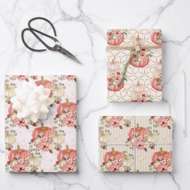 Trendy Blush Pink Peach Cream Flroal Pumpkin Wrapping Paper Sheet (Front)