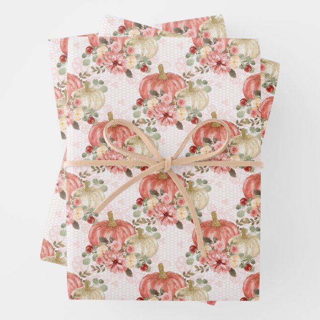 Trendy Blush Pink Peach Cream Little Pumpkin Wrapping Paper Sheet (In situ)