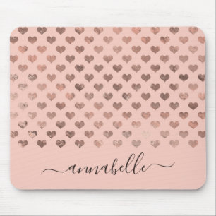 Trendy Blush Pink Rose Gold Hearts Script Name Mouse Mat