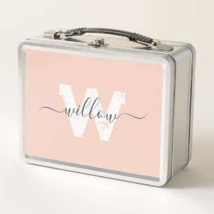 Trendy Blush Pink Script Typography Monogram Metal Lunch Box