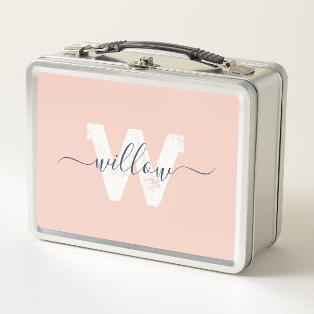 Trendy Blush Pink Script Typography Monogram Metal Lunch Box (Front)