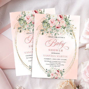 Trendy Blush Rose Gold Floral Girl Baby Shower Invitation