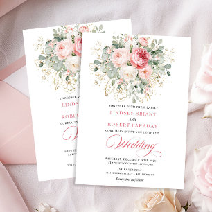 Trendy Blush Rose Gold Floral Wedding Invitation