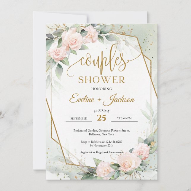 Trendy blush roses and eucalyptus couples shower invitation (Front)