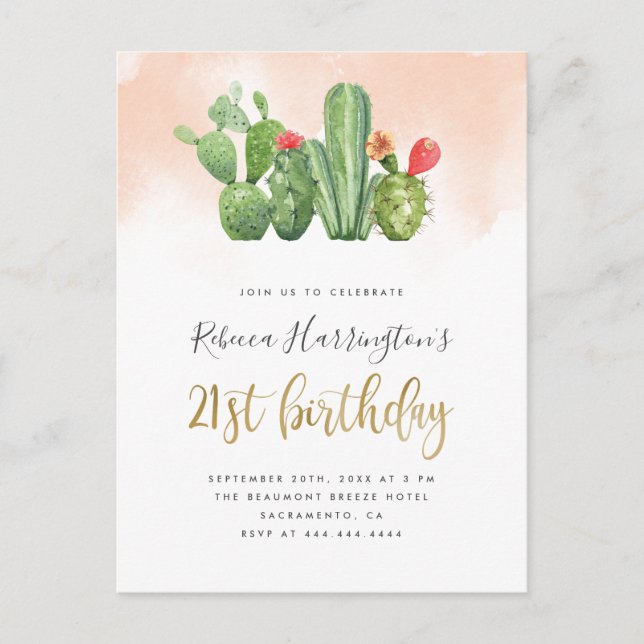 Trendy Blush Watercolor & Cactus 21st Birthday Invitation Postcard (Front)