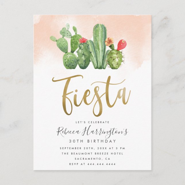 Trendy Blush Watercolor & Cactus Fiesta Birthday Invitation Postcard (Front)