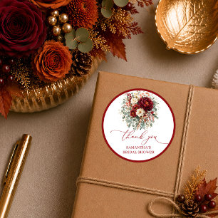 Trendy bohemian burgundy floral bridal shower  classic round sticker