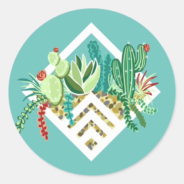Trendy Bohemian Chic Succulents & Terrarium Classic Round Sticker (Front)