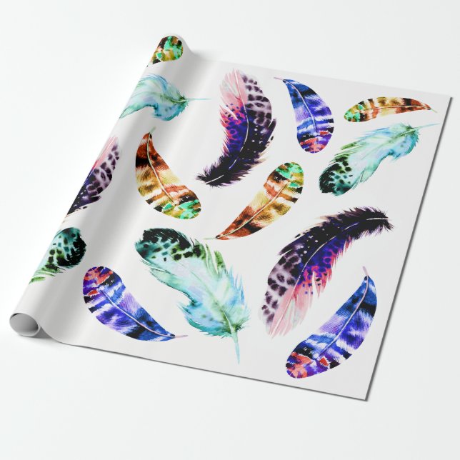 Trendy Bohemian Colourful Watercolor Feathers Wrapping Paper (Unrolled)