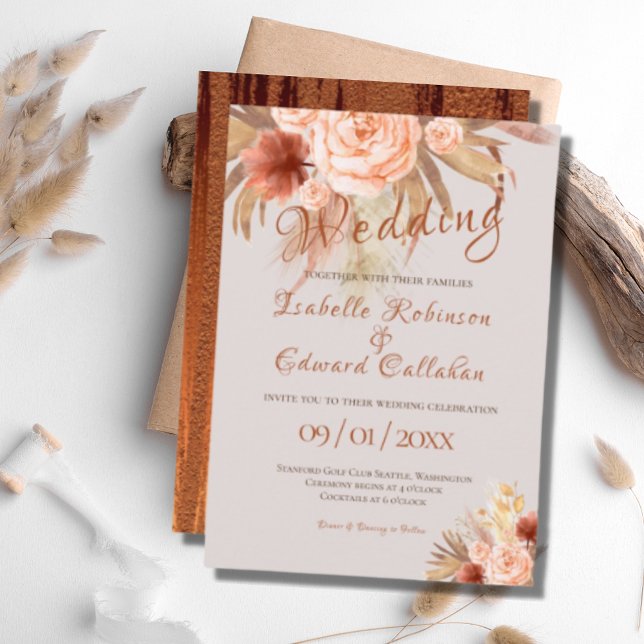 Trendy Bohemian Floral Bouquet Peach & Copper  Invitation (Creator Uploaded)