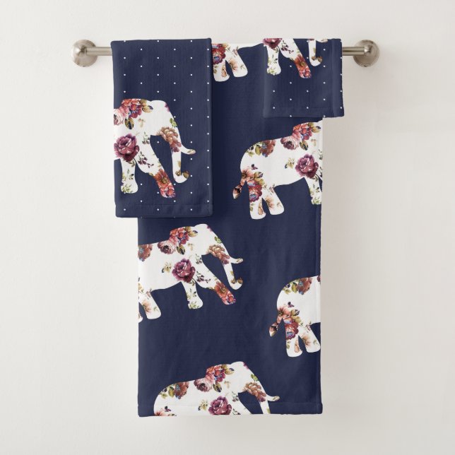 Trendy Bohemian Floral Elephants & Polka Dots Bath Towel Set (Insitu)