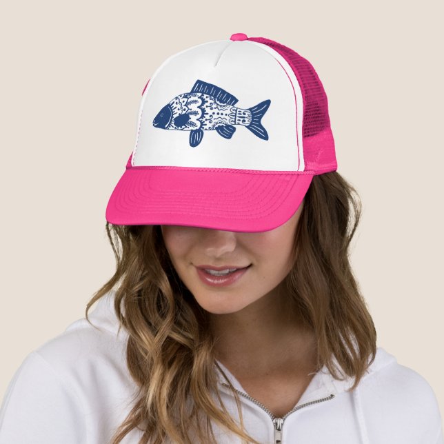 Trendy Bohemian Floral Fish Trucker Hat (In Situ)