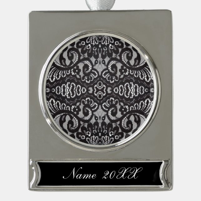 trendy bohemian girly Parisian black lace Silver Plated Banner Ornament (Front)