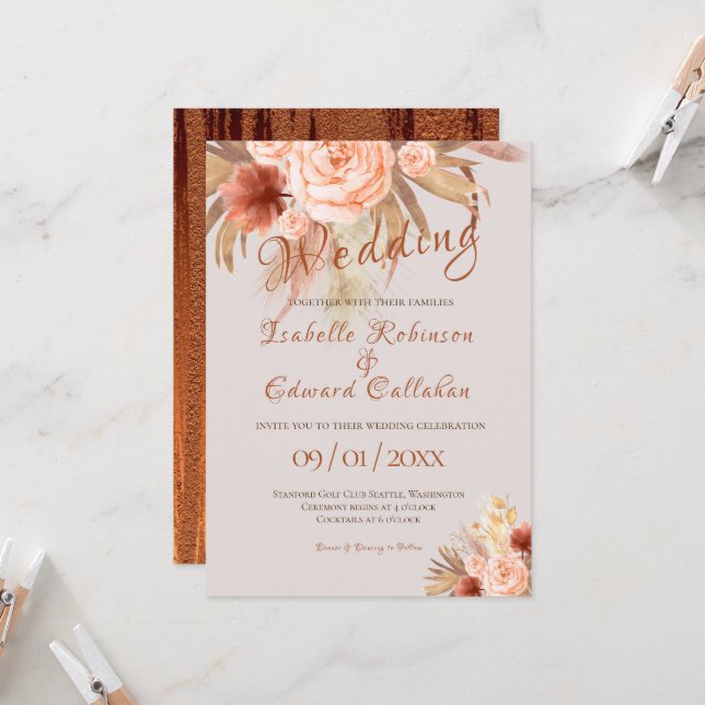 Trendy Bohemian Orange Copper Floral Bouquet Invitation (Front/Back In Situ)