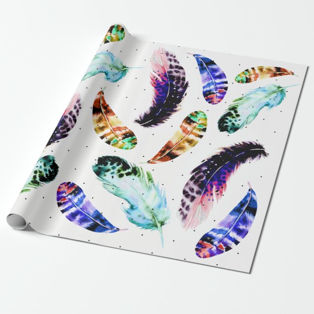 Trendy Bohemian Watercolor Feathers & Black Dots Wrapping Paper (Unrolled)