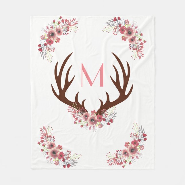 Trendy Bohemian Watercolor Flowers Deer Antlers Fleece Blanket (Front)