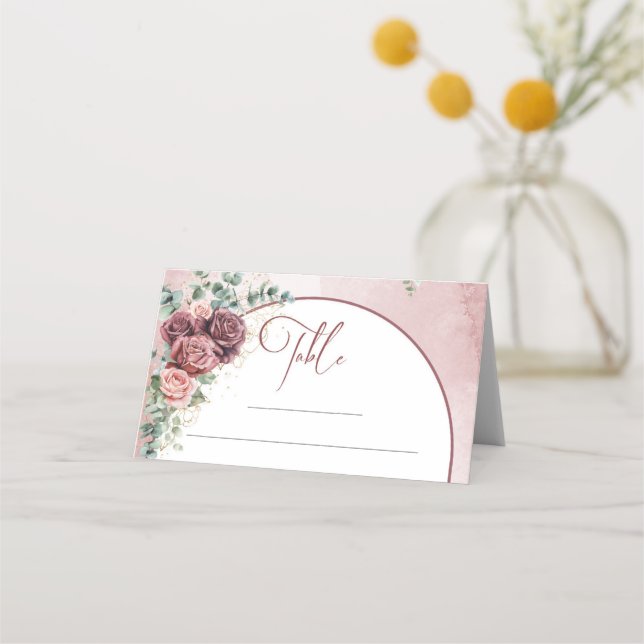 Trendy boho arch blush burgundy floral gold place card (Front)