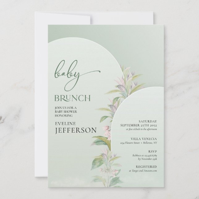 Trendy boho arch greenery blush floral baby brunch invitation (Front)