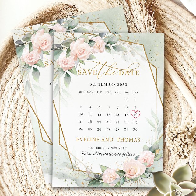 Trendy boho blush gold frame eucalyptus calendar save the date (Trendy calligraphy script blush and gold save the date card)