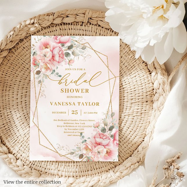 Trendy Boho Blush Pink Gold Floral Bridal Shower  Invitation (Trendy Boho Blush Pink Gold Floral Bridal Shower Invitation)