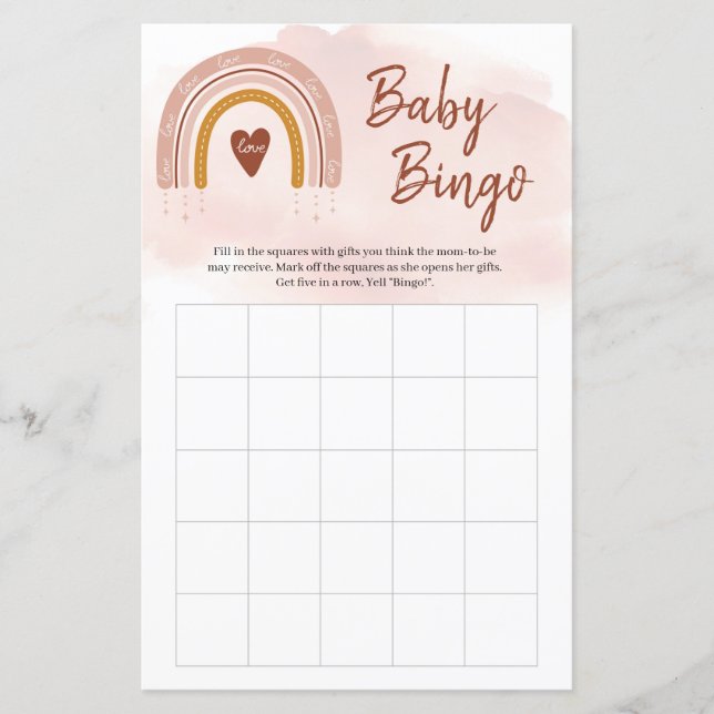 Trendy Boho Blush Pink Rainbow Copper Bingo Game (Front)