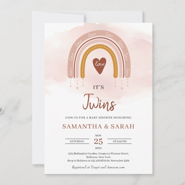 Trendy Boho Blush Pink Rainbow It's Twins  Invitation (Front)