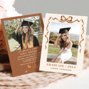 Trendy Boho Bow Ribbon 2 PHOTO Graduation Party Invitation