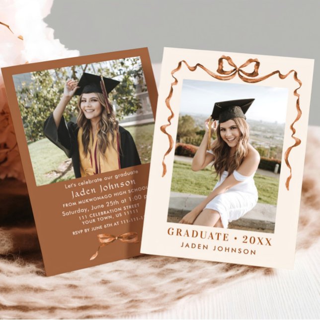 Trendy Boho Bow Ribbon 2 PHOTO Graduation Party Invitation (Creator Uploaded)