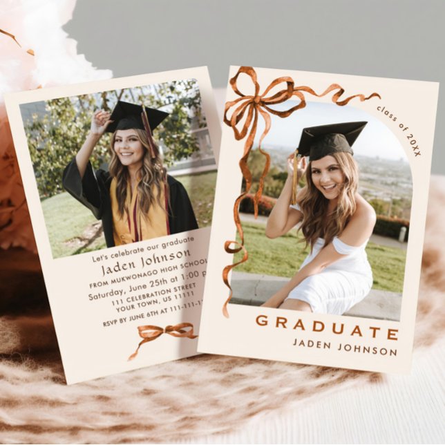 Trendy Boho Bow Ribbon 2 PHOTO Graduation Party Invitation (Creator Uploaded)