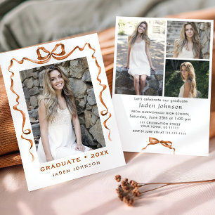 Trendy Boho Bow Ribbon 4 PHOTO Graduation Party Invitation