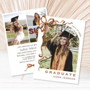 Trendy Boho Bow Ribbon 4 PHOTO Graduation Party Invitation