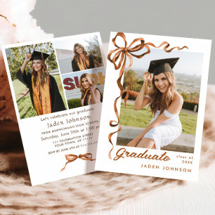 Trendy Boho Bow Ribbon 4 PHOTO Graduation Party Invitation