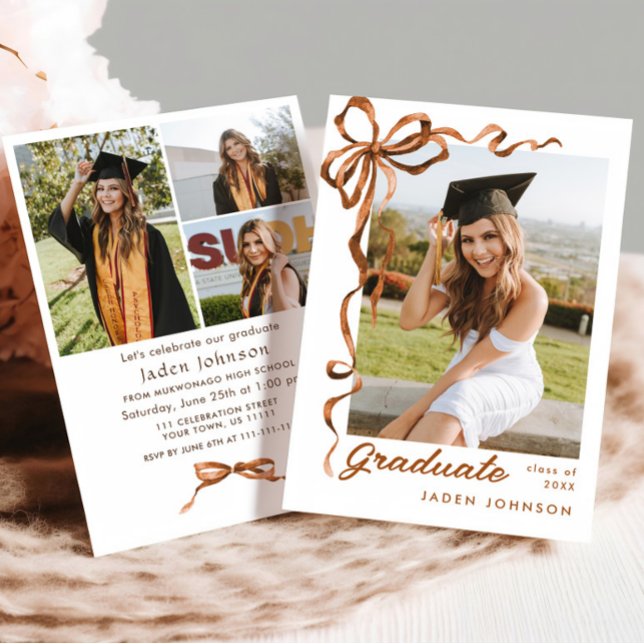 Trendy Boho Bow Ribbon 4 PHOTO Graduation Party Invitation (Creator Uploaded)