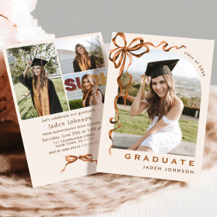 Trendy Boho Bow Ribbon 4 PHOTO Graduation Party Invitation