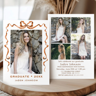 Trendy Boho Bow Ribbon 5 PHOTO Graduation Party Invitation
