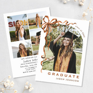 Trendy Boho Bow Ribbon 5 PHOTO Graduation Party Invitation