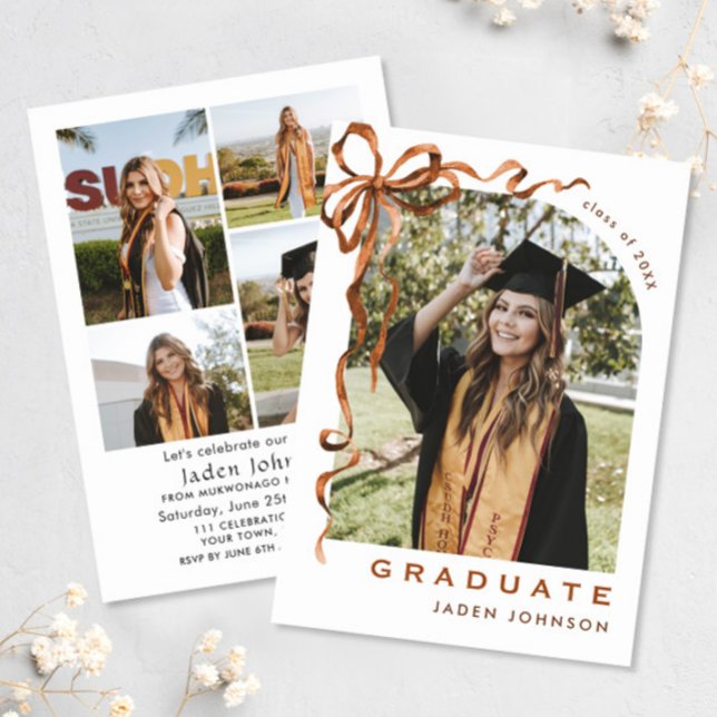 Trendy Boho Bow Ribbon 5 PHOTO Graduation Party Invitation (Creator Uploaded)