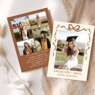 Trendy Boho Bow Ribbon 5 PHOTO Graduation Party Invitation