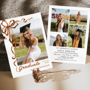 Trendy Boho Bow Ribbon 5 PHOTO Graduation Party Invitation