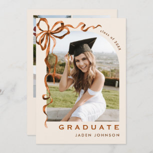 Trendy Boho Bow Ribbon 5 PHOTO Graduation Party Invitation