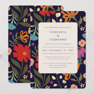 Trendy boho bright colourful floral wedding invitation