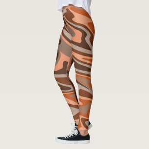 Trendy boho brown orange Abstract wavy Leggings