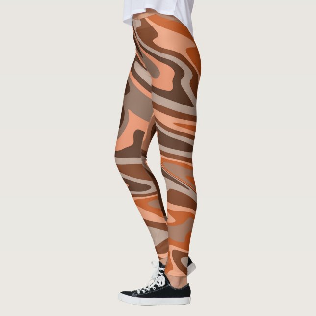 Trendy boho brown orange Abstract wavy Leggings (Left)