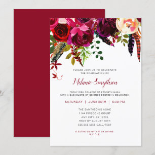 Trendy Boho Burgundy floral graduation party Invitation