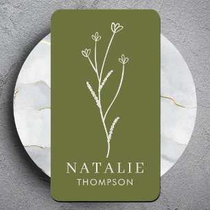 Trendy Boho Chic Minimalist Olive Green Flower Business Card
