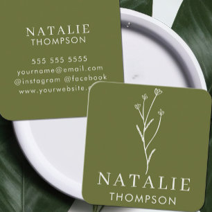 Trendy Boho Chic Minimalist Olive Green Flower Square Business Card