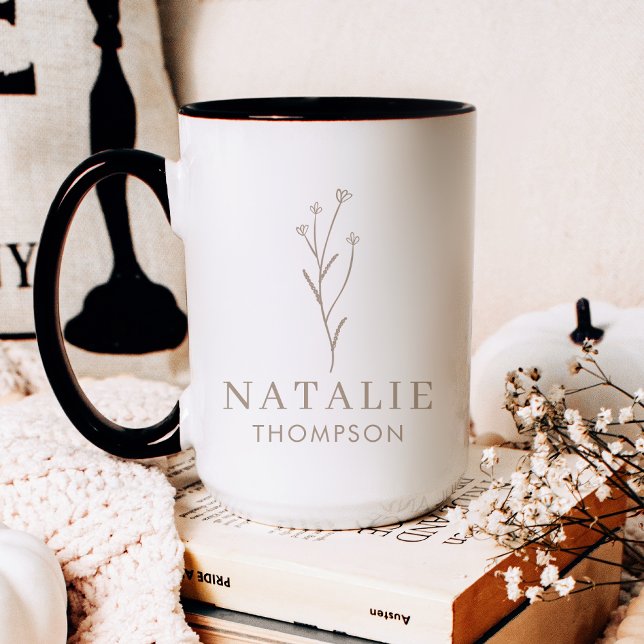 Trendy Boho Chic Rustic Griege Flower Personalised Coffee Mug (Creator Uploaded)